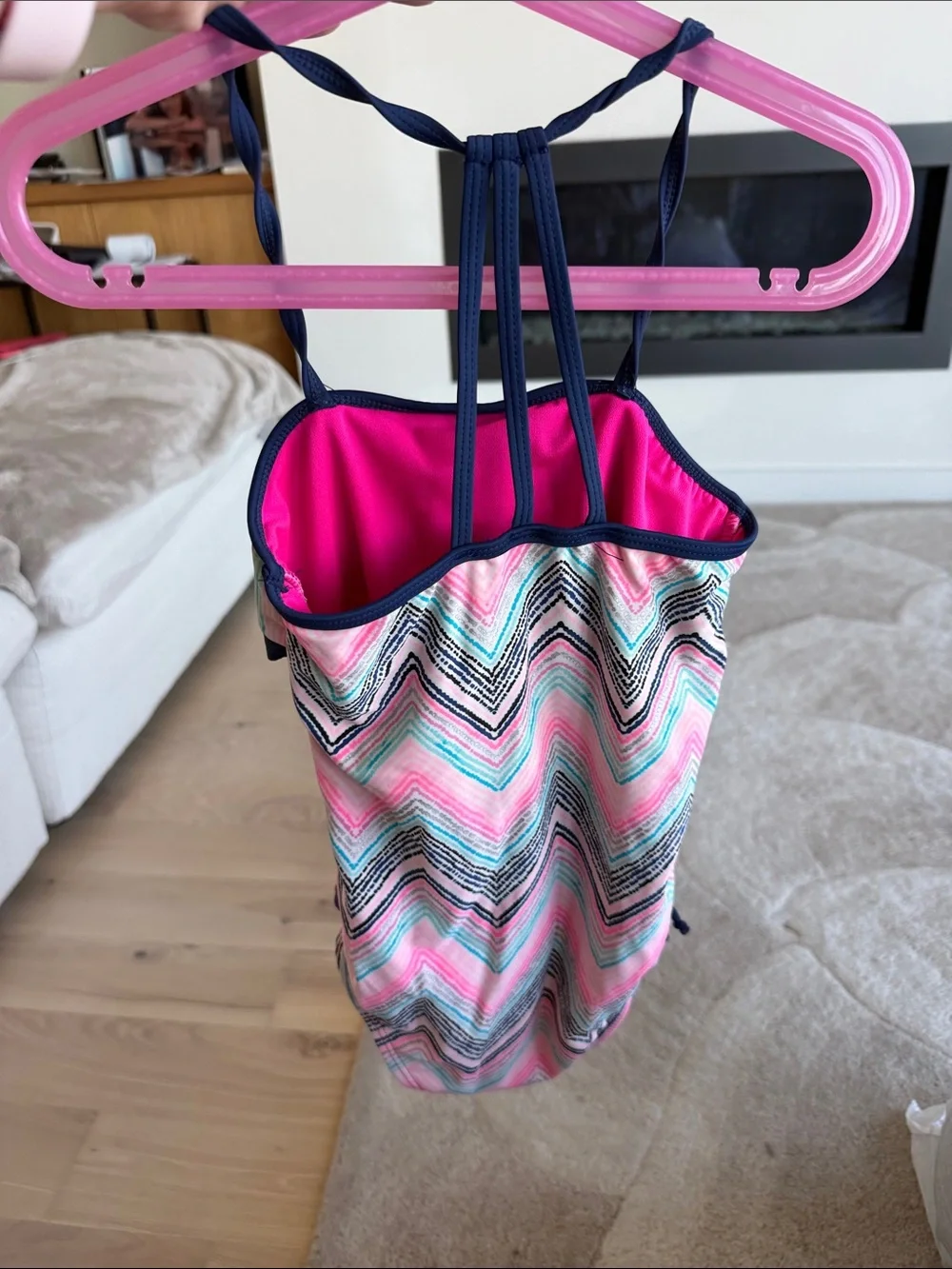Girls' Navy Trim Pink Chevron One-Piece Swimsuit